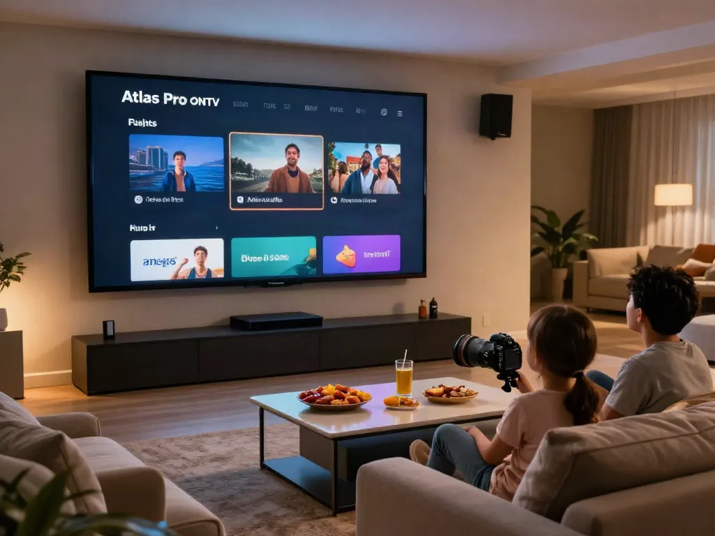 Téléchargement de l'application Atlas Pro ONTV sur un grand écran TV dans un home cinéma confortable.