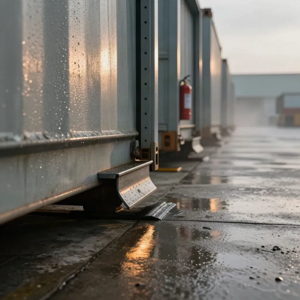 Gros plan d’un quai logistique humide en béton et acier, à l’aube, avec portes coupe-feu et reflet ambré.