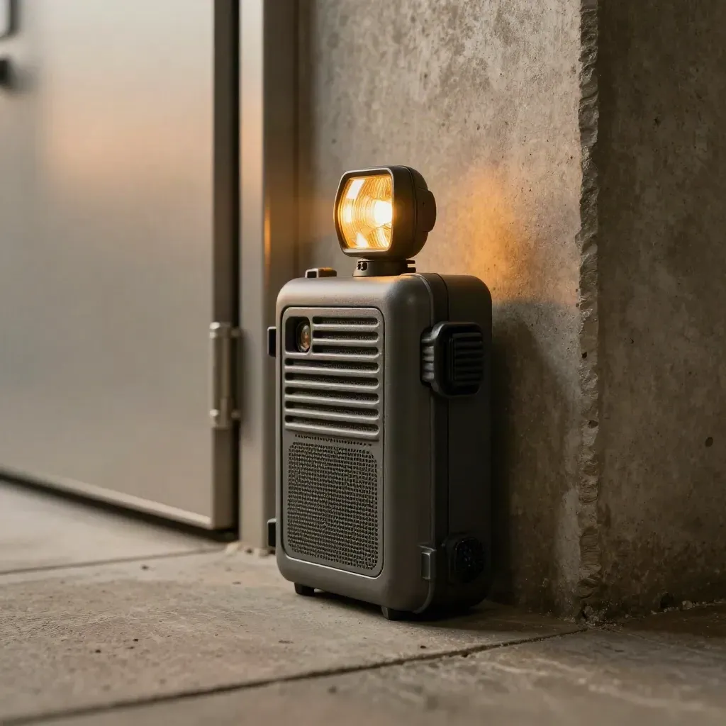 Station de crise avec radio, lampe autonome, batterie et porte coupe-feu dans un couloir.