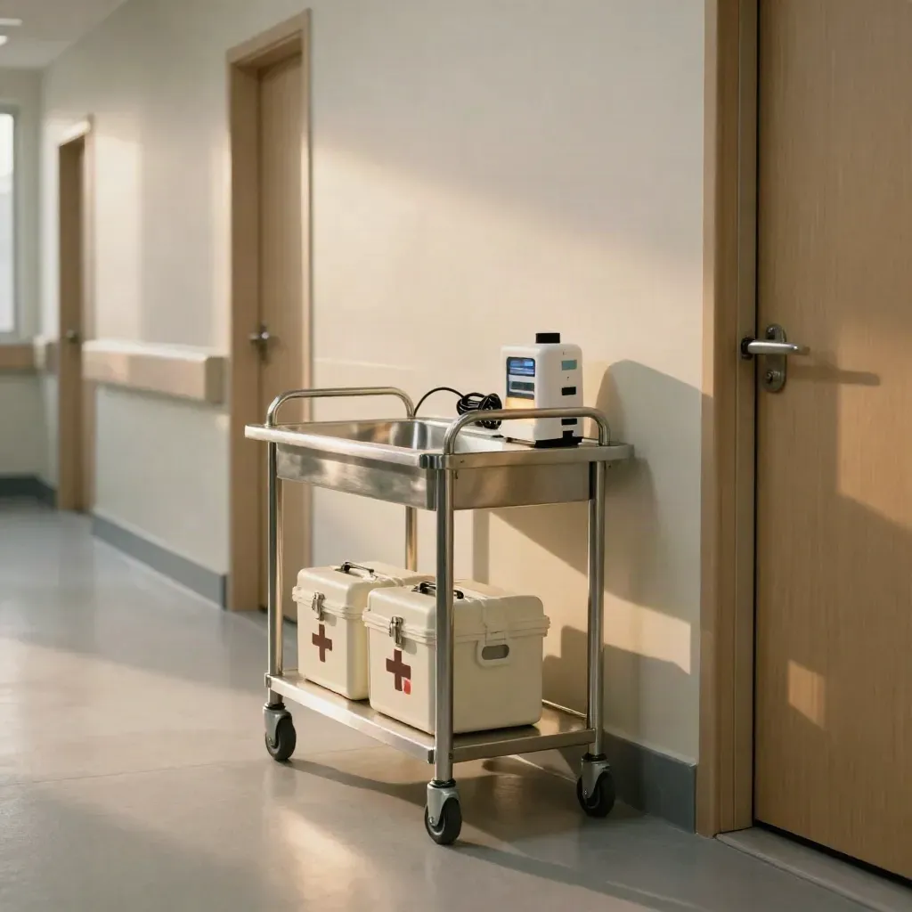 Local sanitaire prêt avec chariot stérile, boîtes de secours et porte coupe-feu.