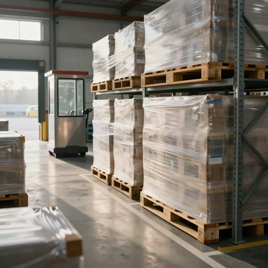 Entrepôt logistique propre à Lille, palettes filmées et baie de sécurité lumineuse.