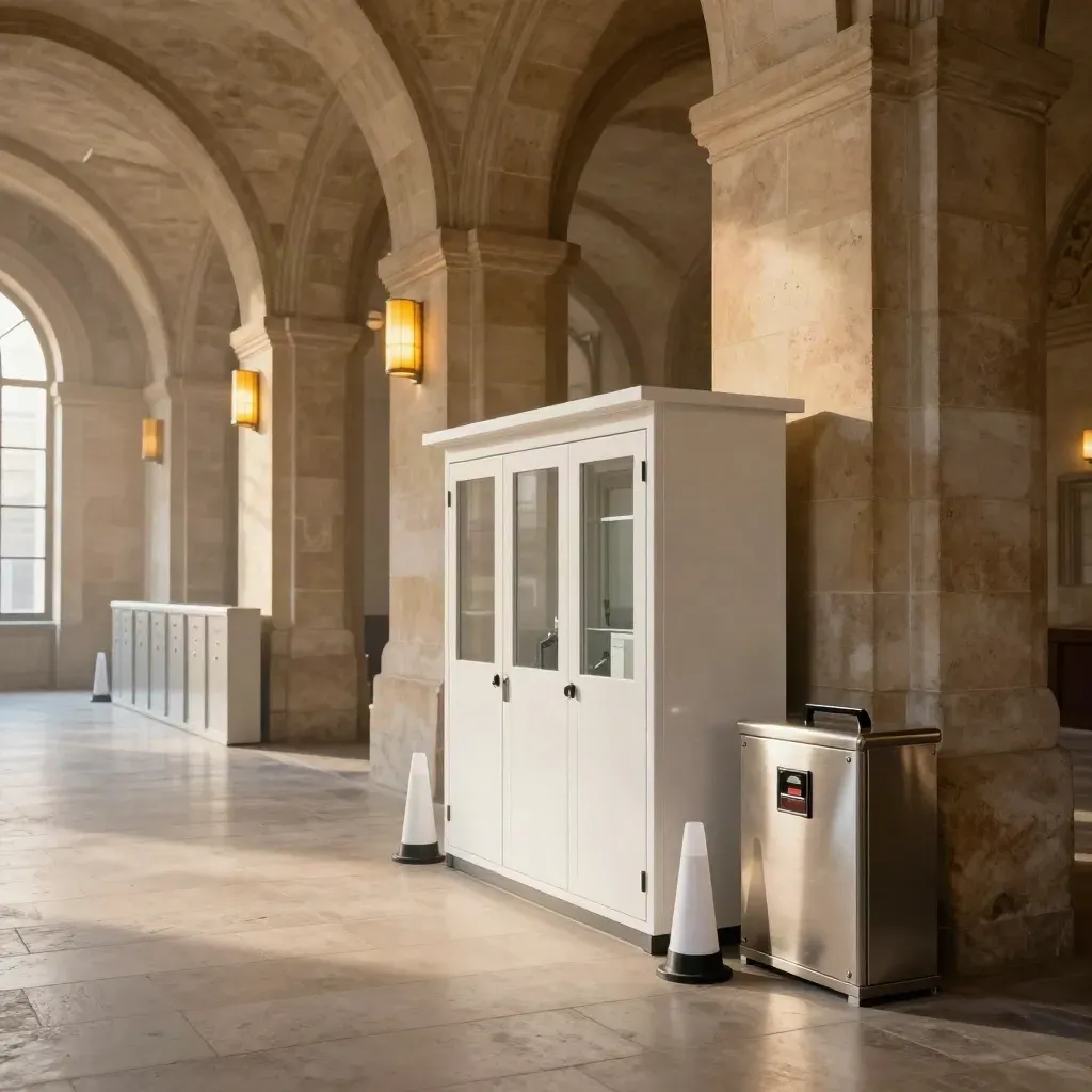 Hall municipal en pierre avec station de sécurité discrète et coffrets d’urgence alignés.
