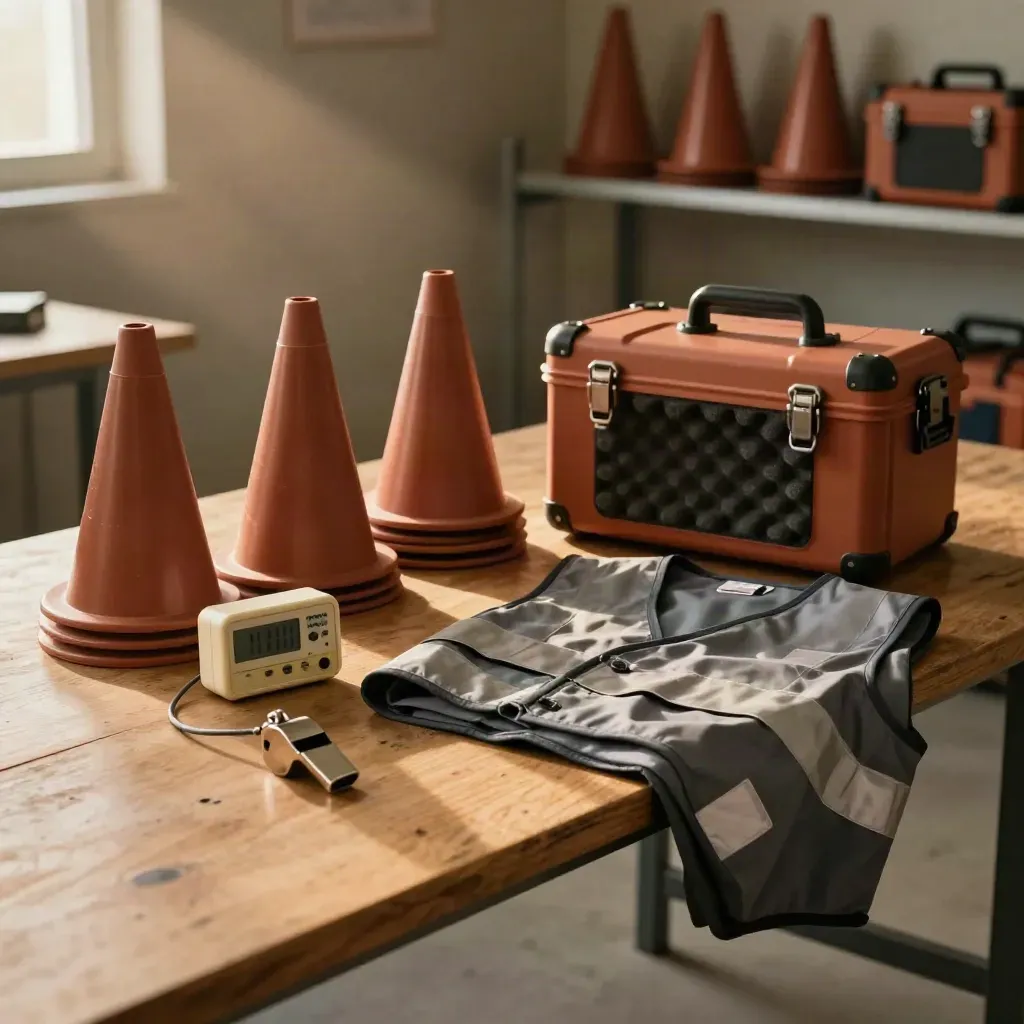 Kit de formation terrain avec cônes pliés, minuteur, sifflet, gilet et boîtier d’exercices.