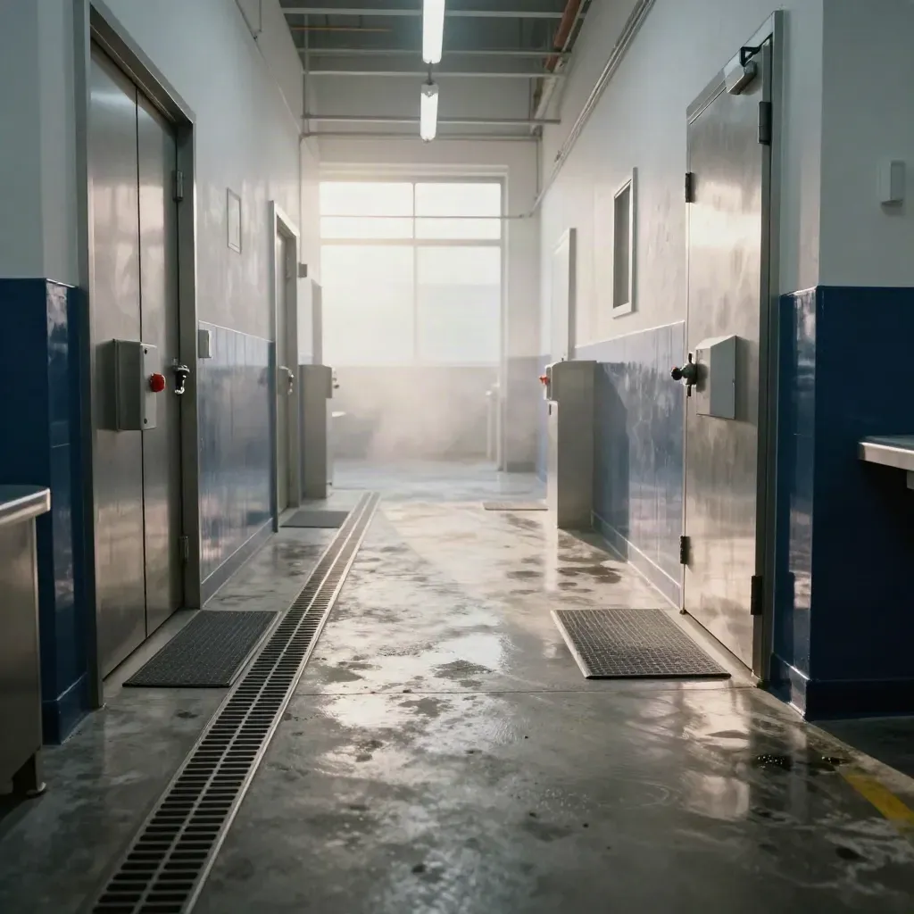 Couloir agroalimentaire en inox, drains impeccables, portes fermées et tapis antidérapants.