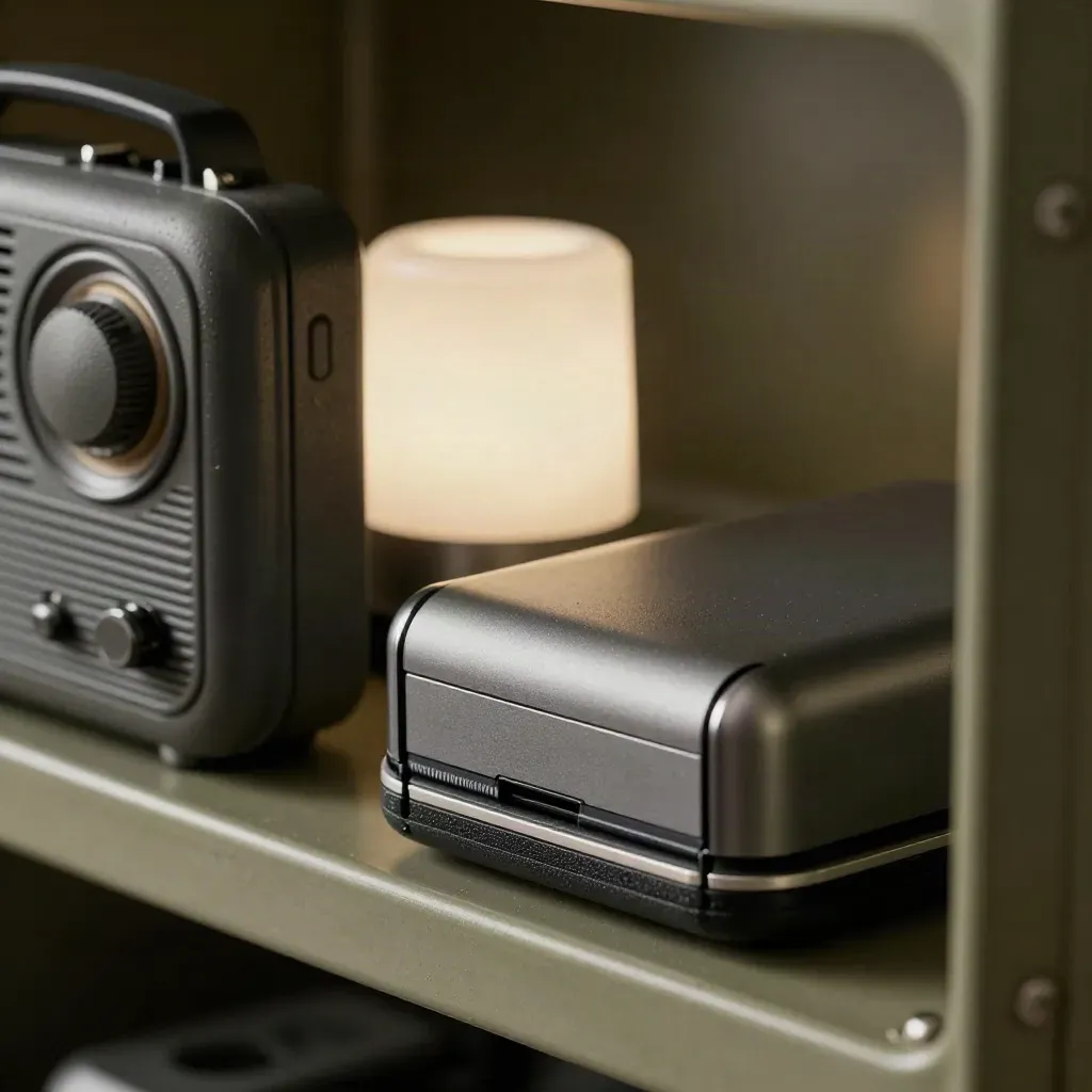 Kit de crise compact avec radio, batterie externe, lampe autonome et coffre étanche en gros plan.