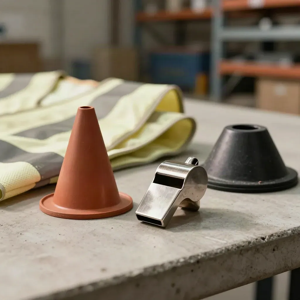 Kit de simulation de sécurité avec gilet, cône souple, sifflet et cible en caoutchouc.