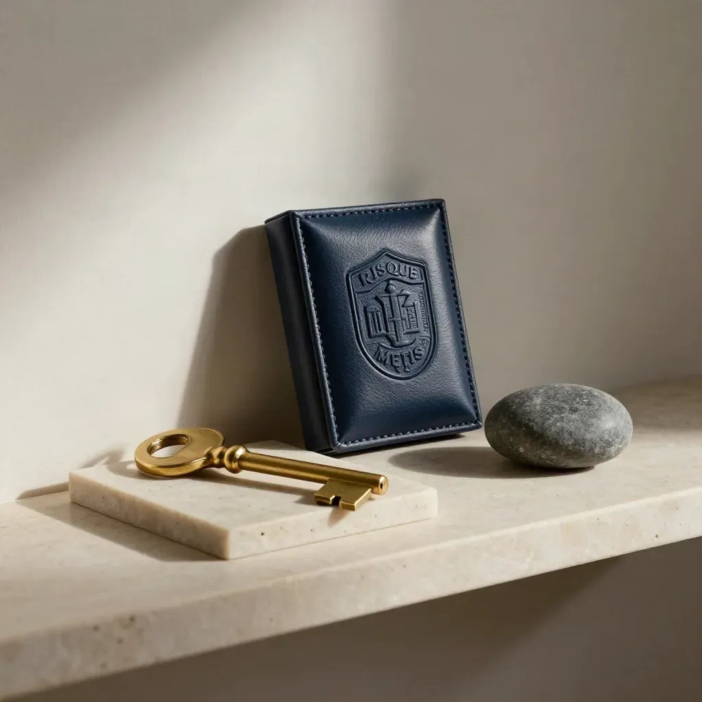 Clé en laiton, boîtier de badge fermé, galet repère sur socle de pierre claire.