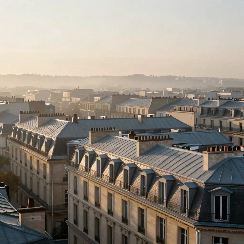 Toits haussmanniens de Paris dans la brume à l’aube, vue depuis un toit bas.