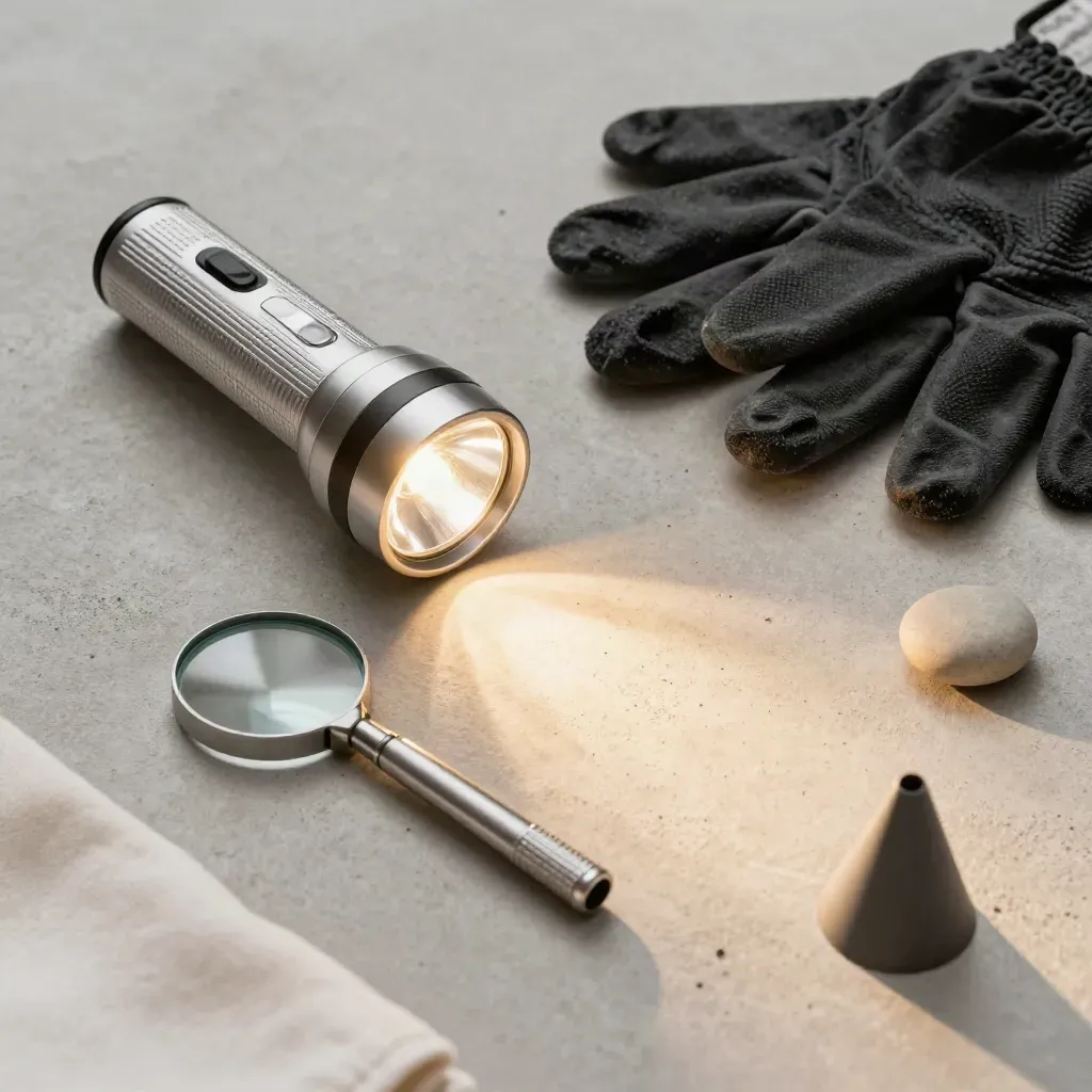 Vue zénithale d’une lampe d’inspection, gants, miroir télescopique, cône et galet sur béton clair.