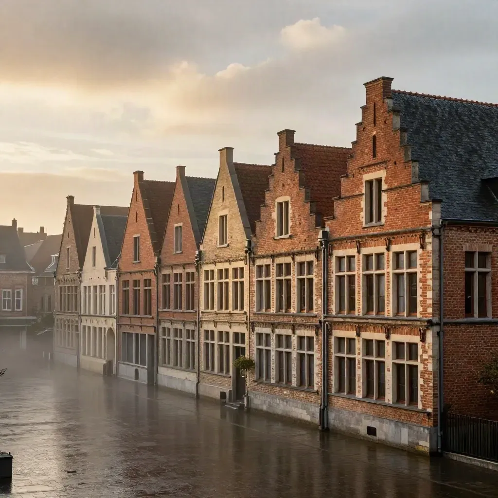 Gables de briques du Vieux-Lille sous une éclaircie après la pluie, dans une brume douce.