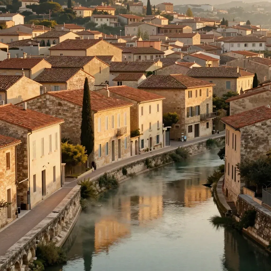 Toits de tuiles d’Occitanie, pierre blonde et canal sous une lumière dorée.