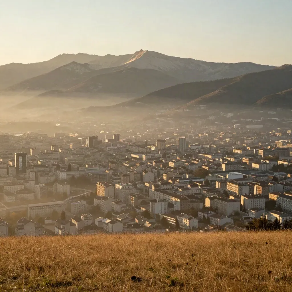 Massif alpin et vallée de Lyon dans une brume dorée, vue large et paisible.